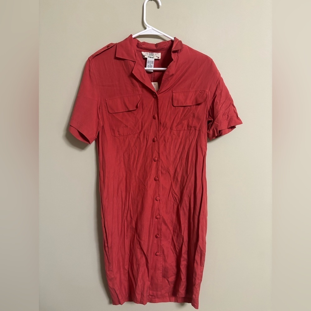 Orvis 100% Silk Shirt Dress Size Medium Red Collared Button Up Knee Length New